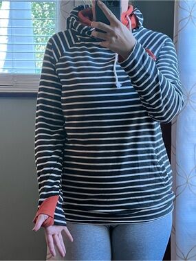 Striped Black & White Hoodie with Orange Accents
